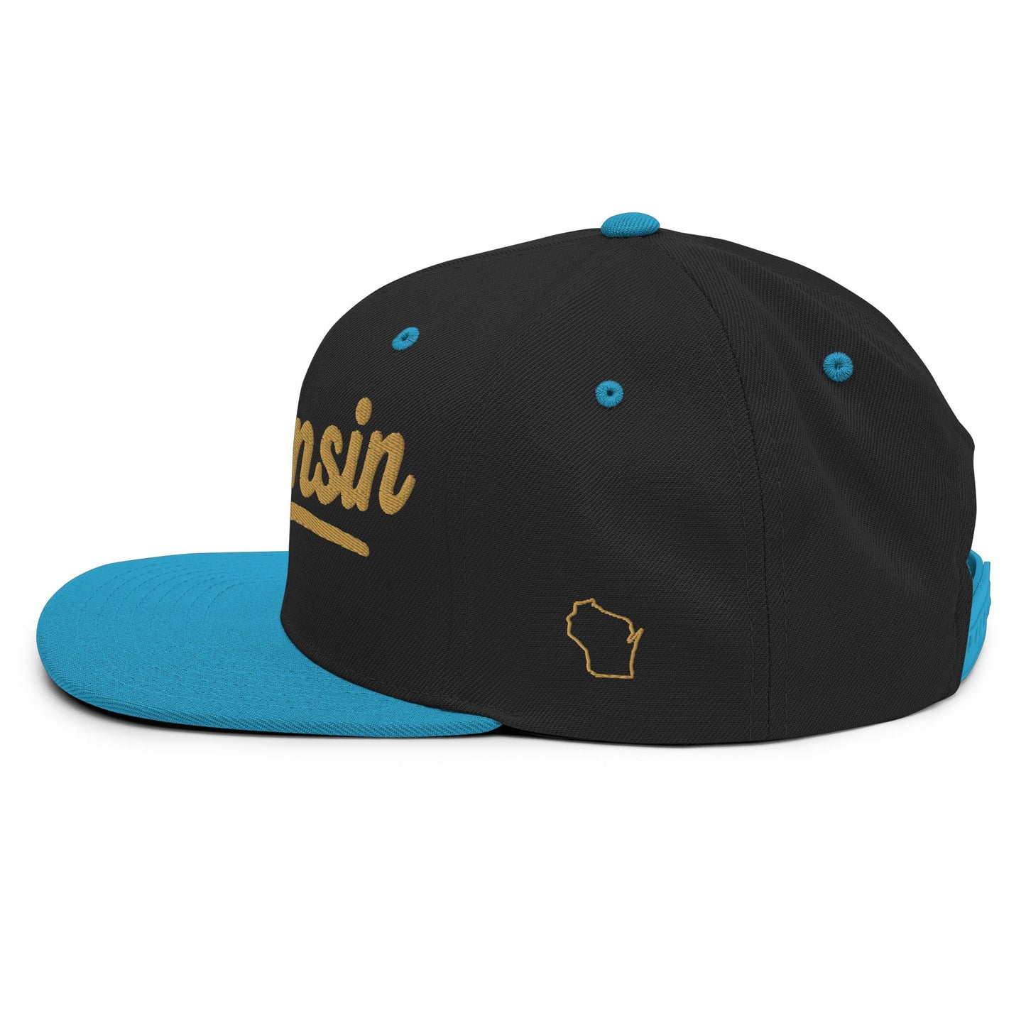 Black and blue cap with 'Wisconsin' and a state outline on a white background