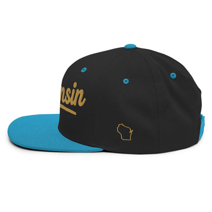 Black and blue cap with 'Wisconsin' and a state outline on a white background