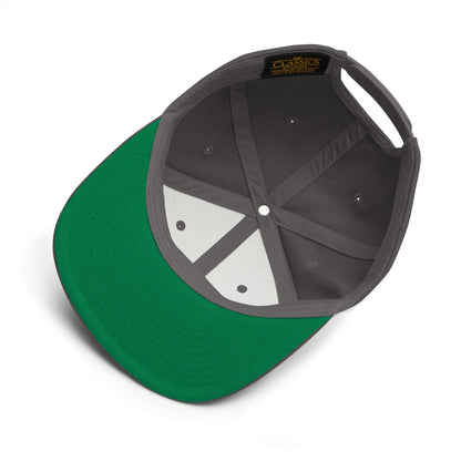 Green and gray cap with a visible brand logo on a white background