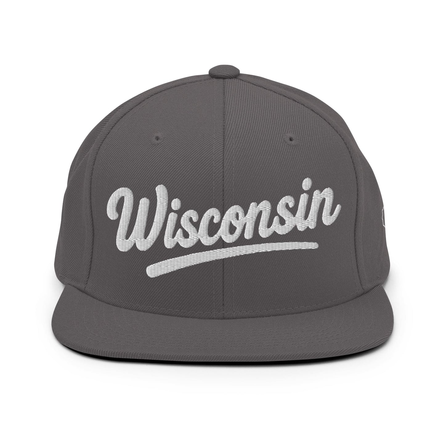 Gray cap with 'Wisconsin' embroidered on a white background
