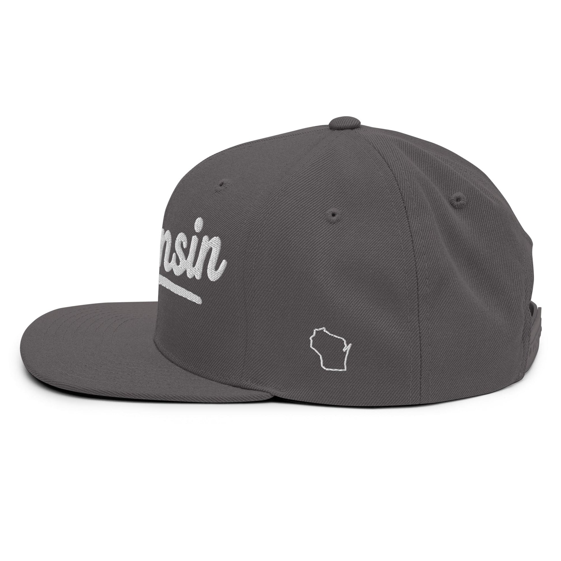 Gray cap with 'Wisconsin' text on a white background