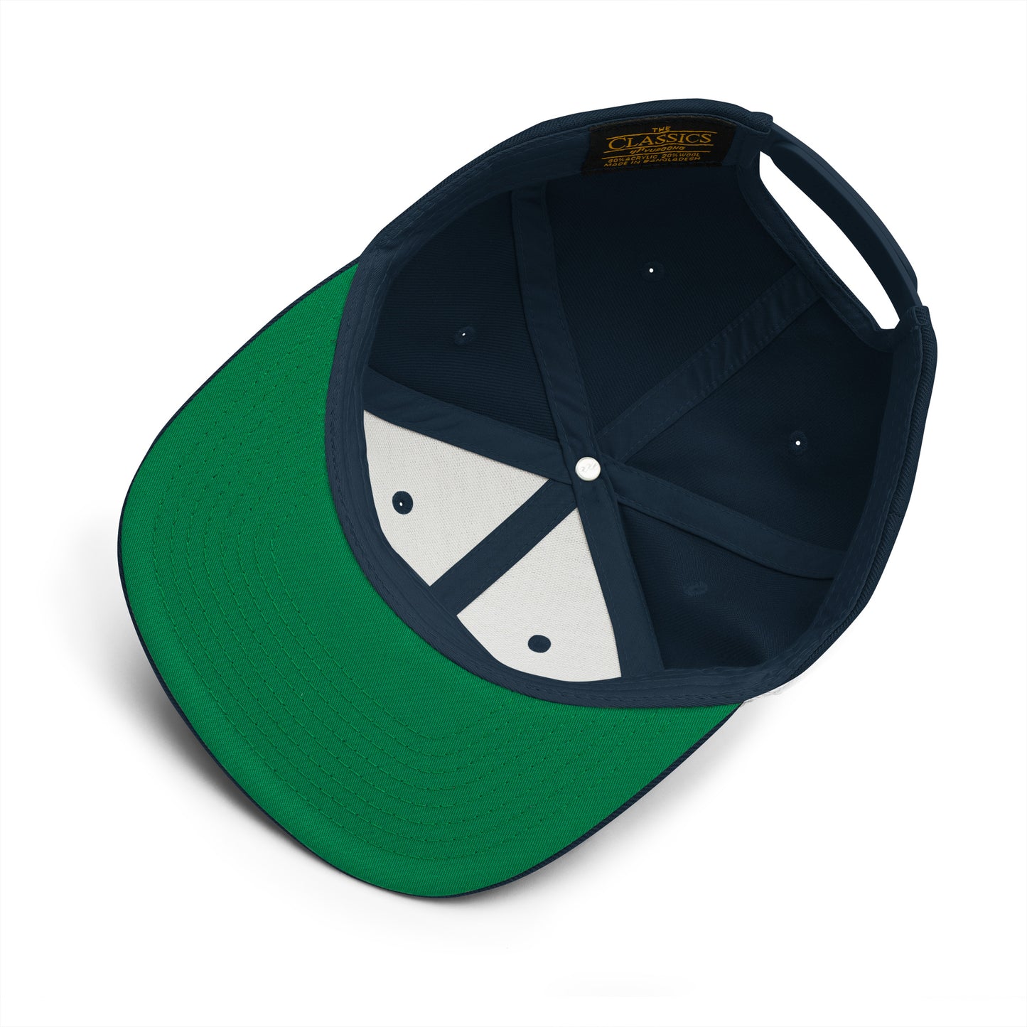 Green and navy cap with white interior on a white background
