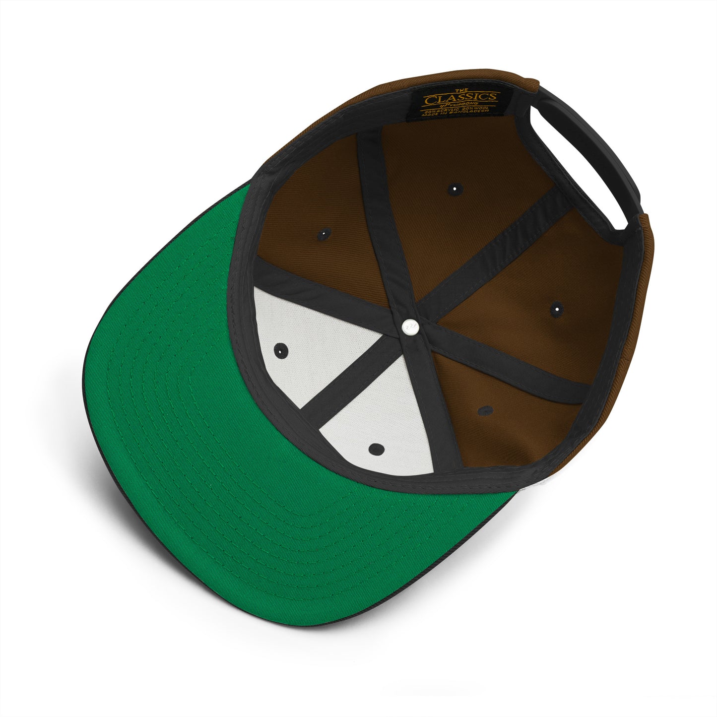 Color-blocked cap with green, brown, and white sections on a white background
