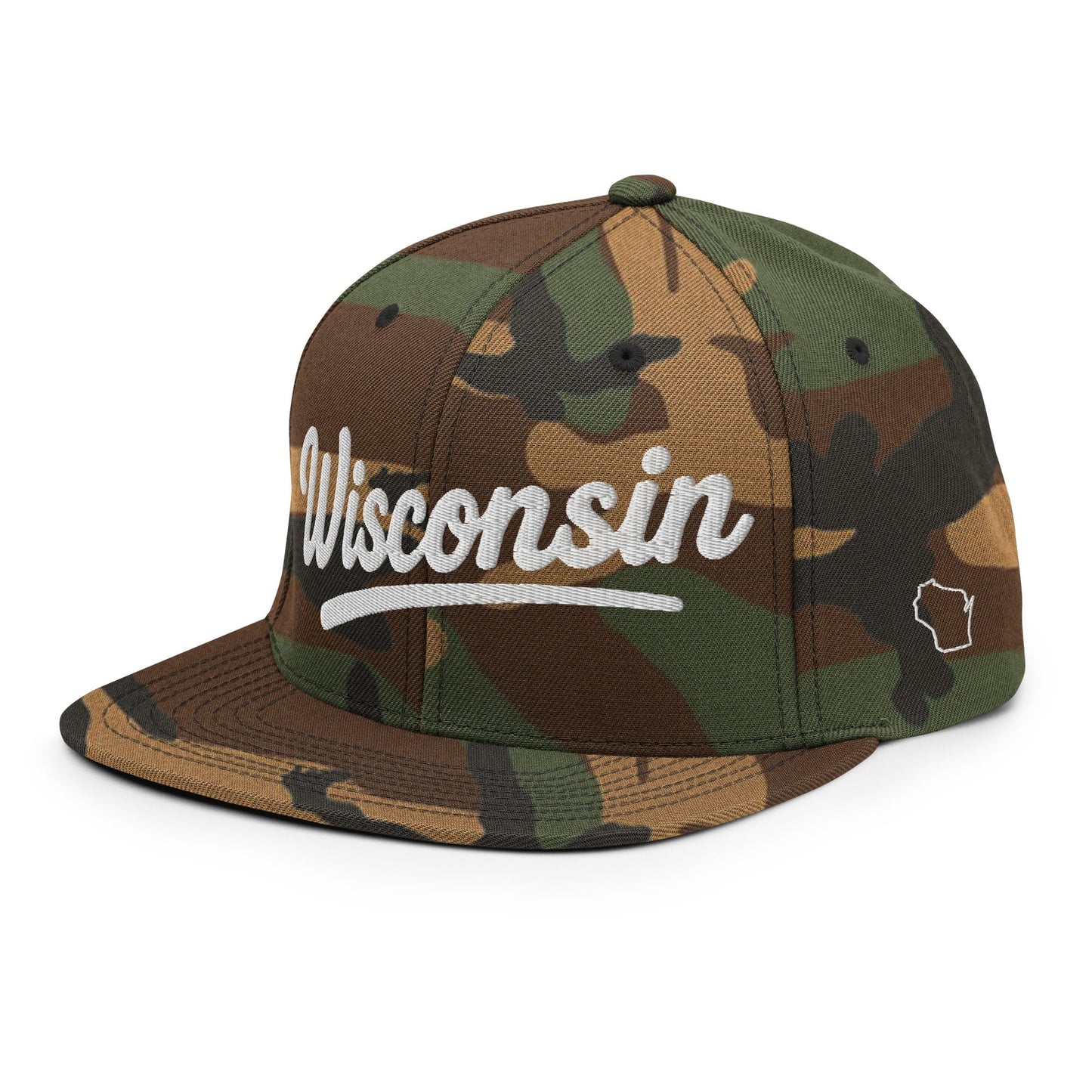 Camouflage cap with 'Wisconsin' text on a white background