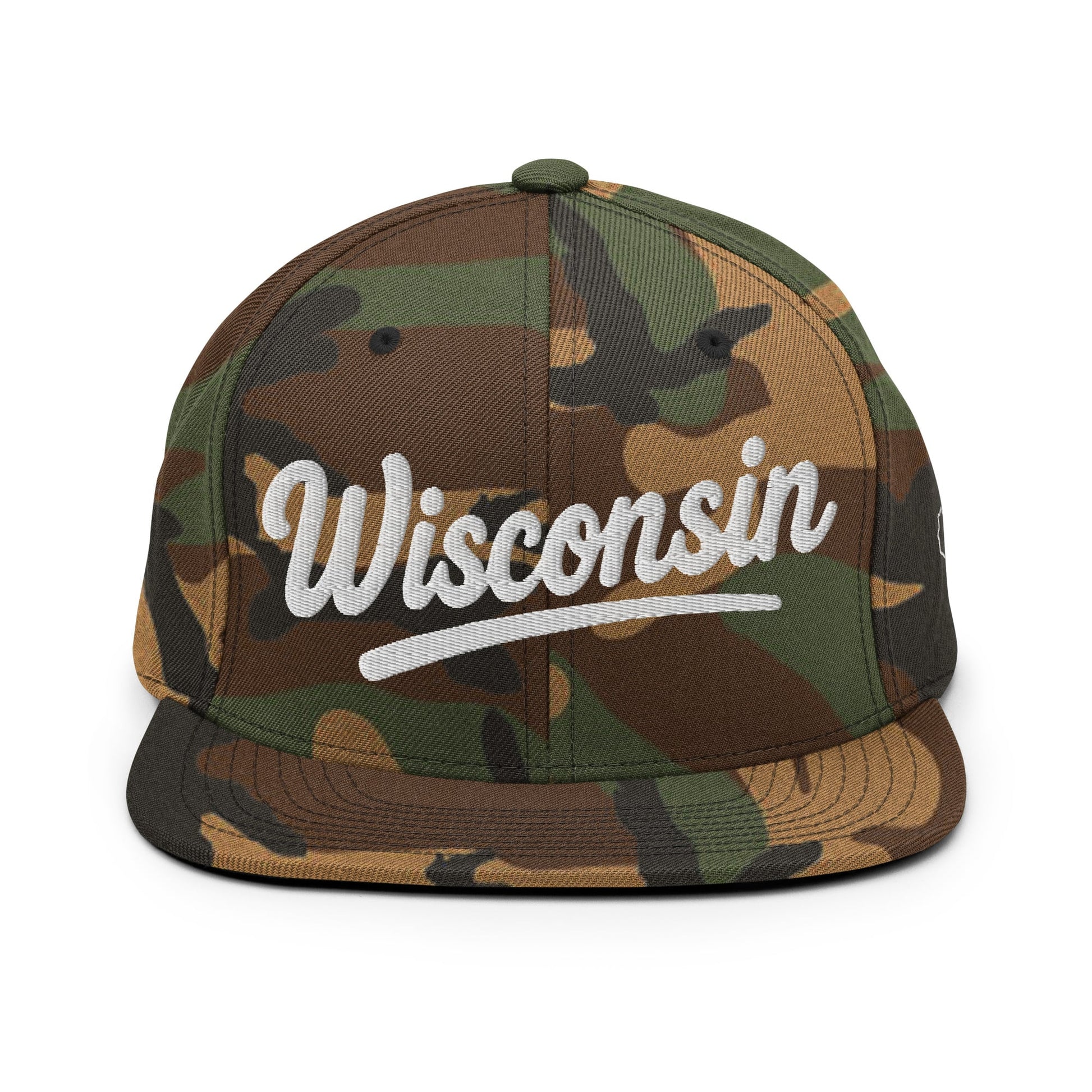 Camouflage cap with 'Wisconsin' text on a white background