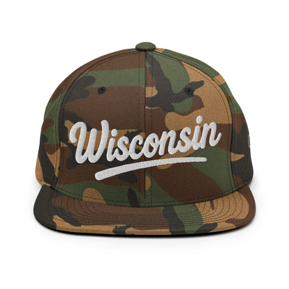 Camouflage cap with 'Wisconsin' text on a white background