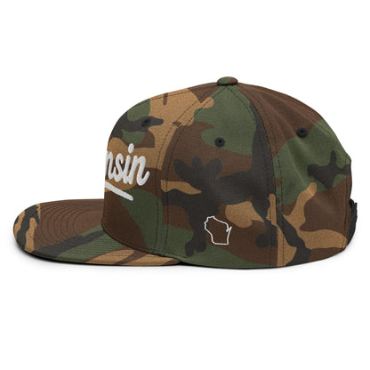 Camouflage cap with 'Wisconsin' and a state outline on a white background