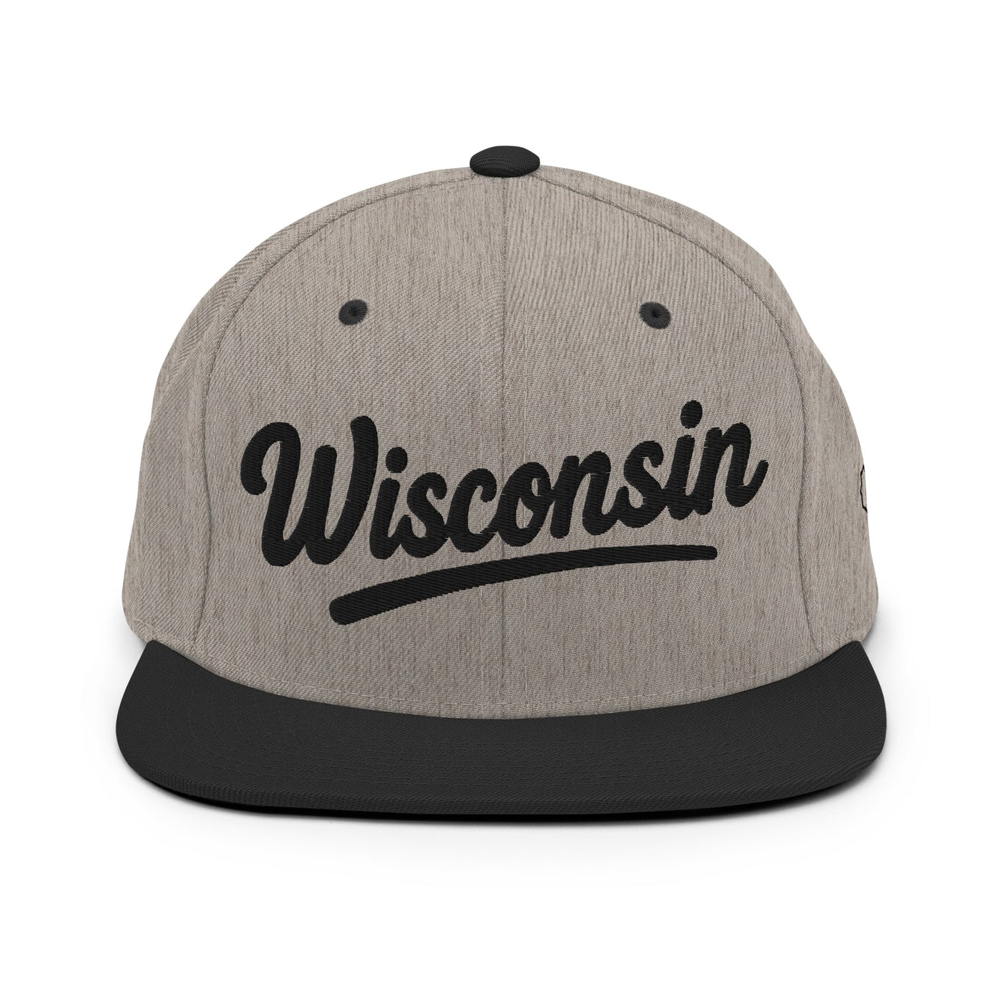 Gray and black cap with 'Wisconsin' text on a white background