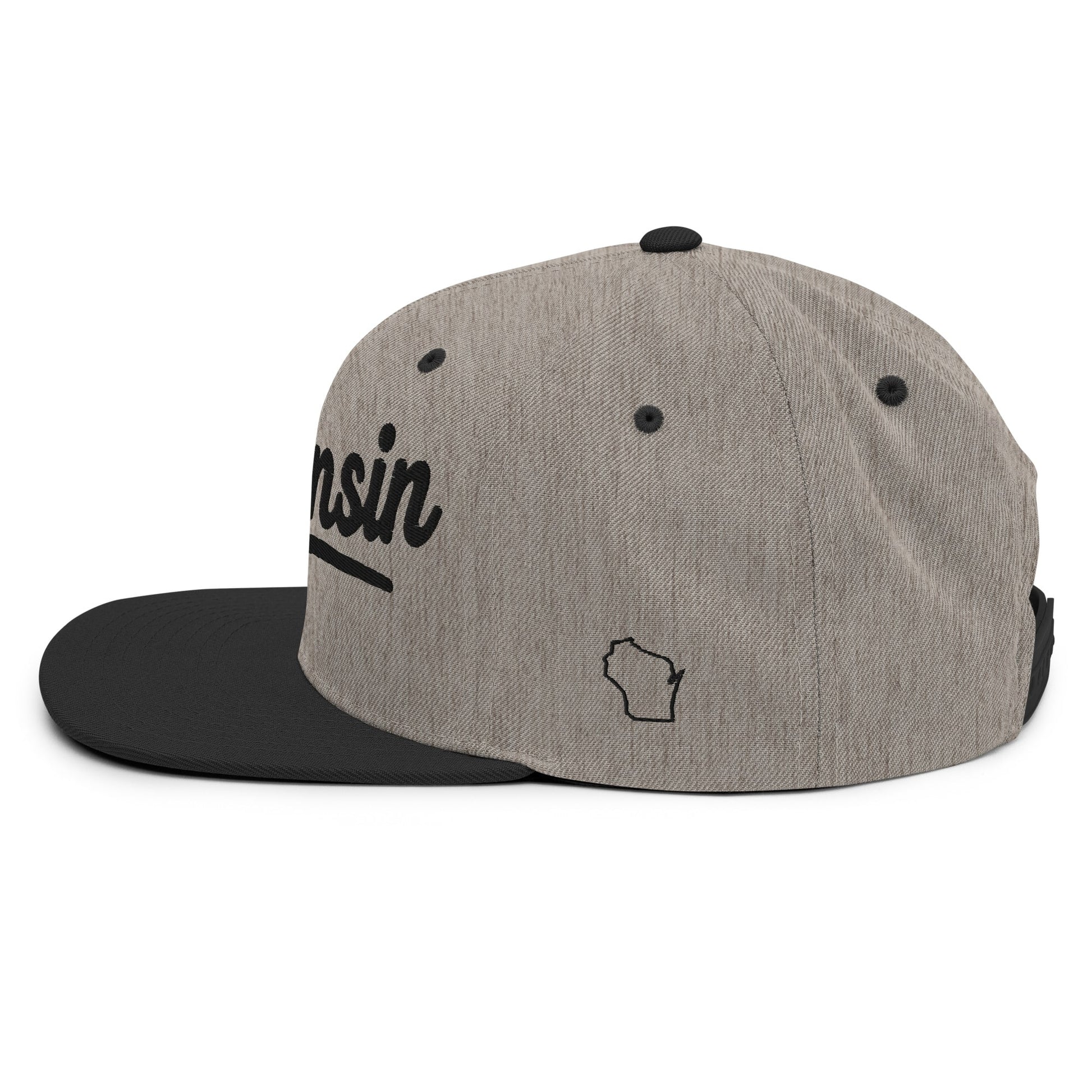 Gray and black cap with 'Wisconsin' text and outline on a white background