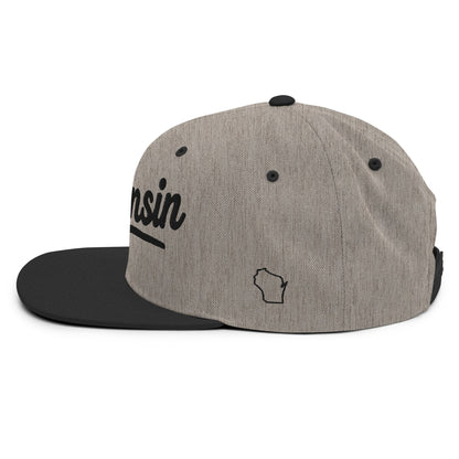 Gray and black cap with 'Wisconsin' text and outline on a white background