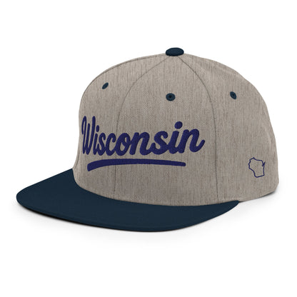 Gray and navy cap with 'Wisconsin' text on a white background