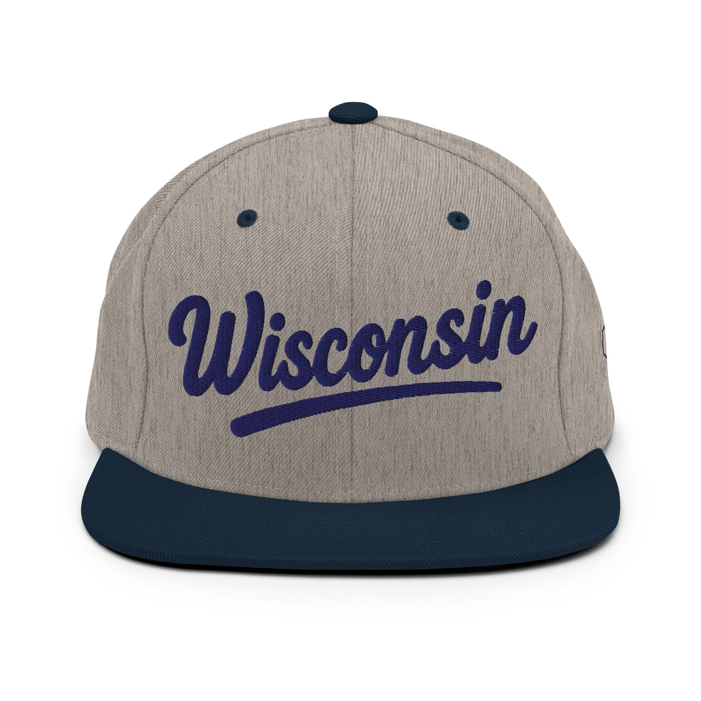 Gray and navy cap with 'Wisconsin' text on a white background