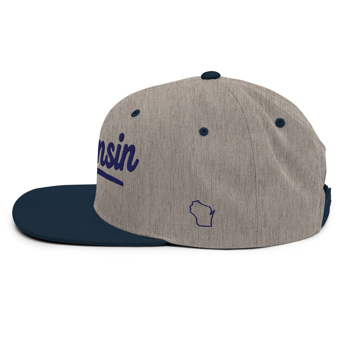 Gray and navy cap with 'Wisconsin' and a state outline on a white background