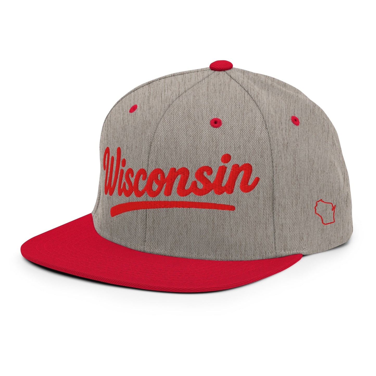 Gray and red cap with 'Wisconsin' text on a white background