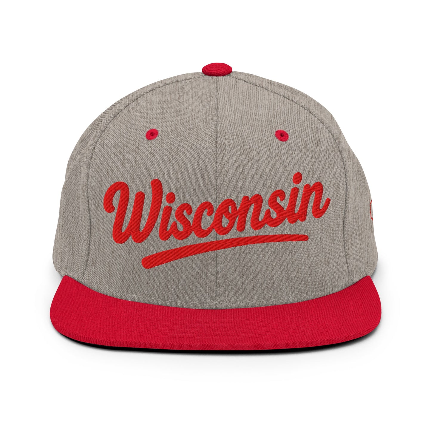Gray and red cap with 'Wisconsin' text on a white background
