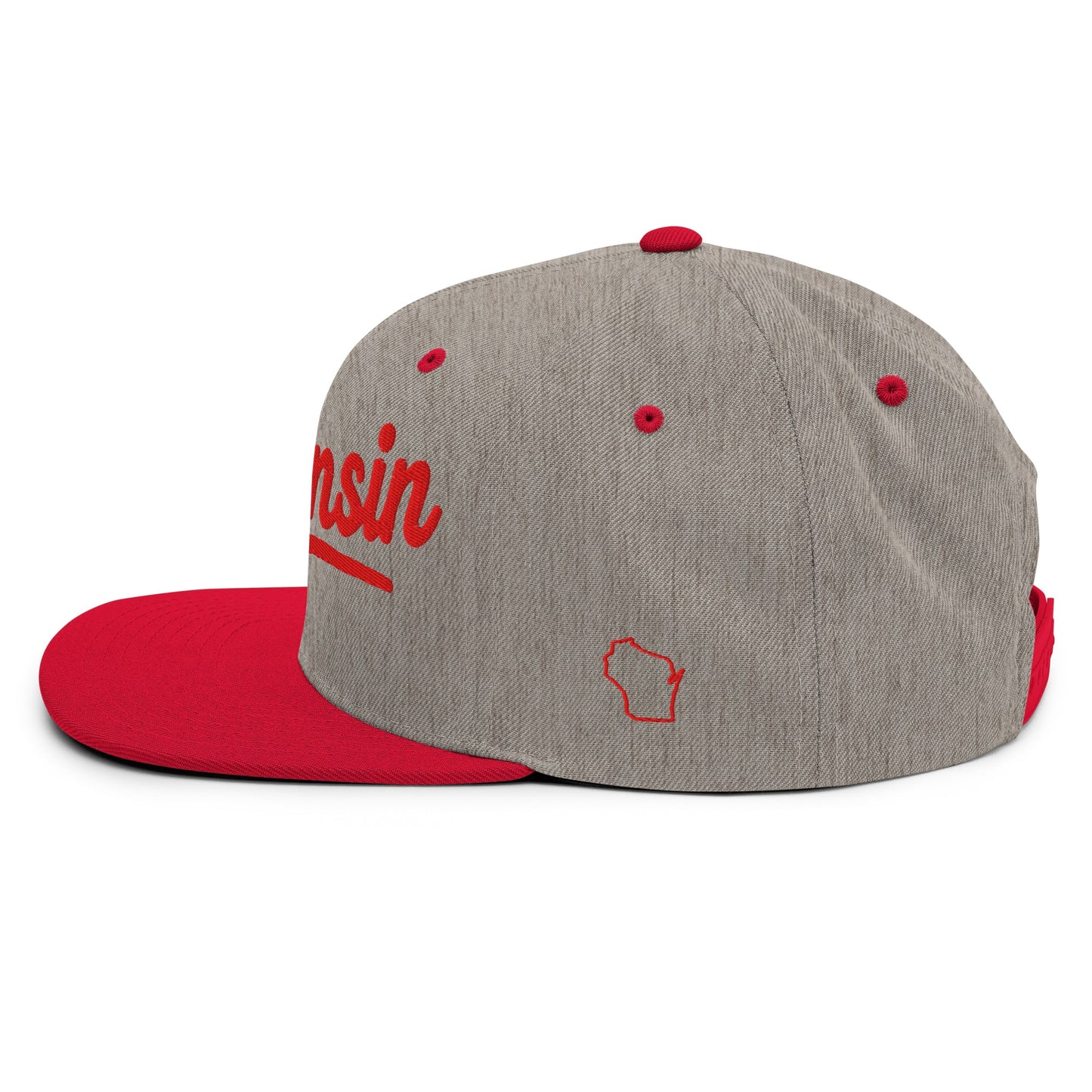 Gray and red cap with 'Wisconsin' text on a white background