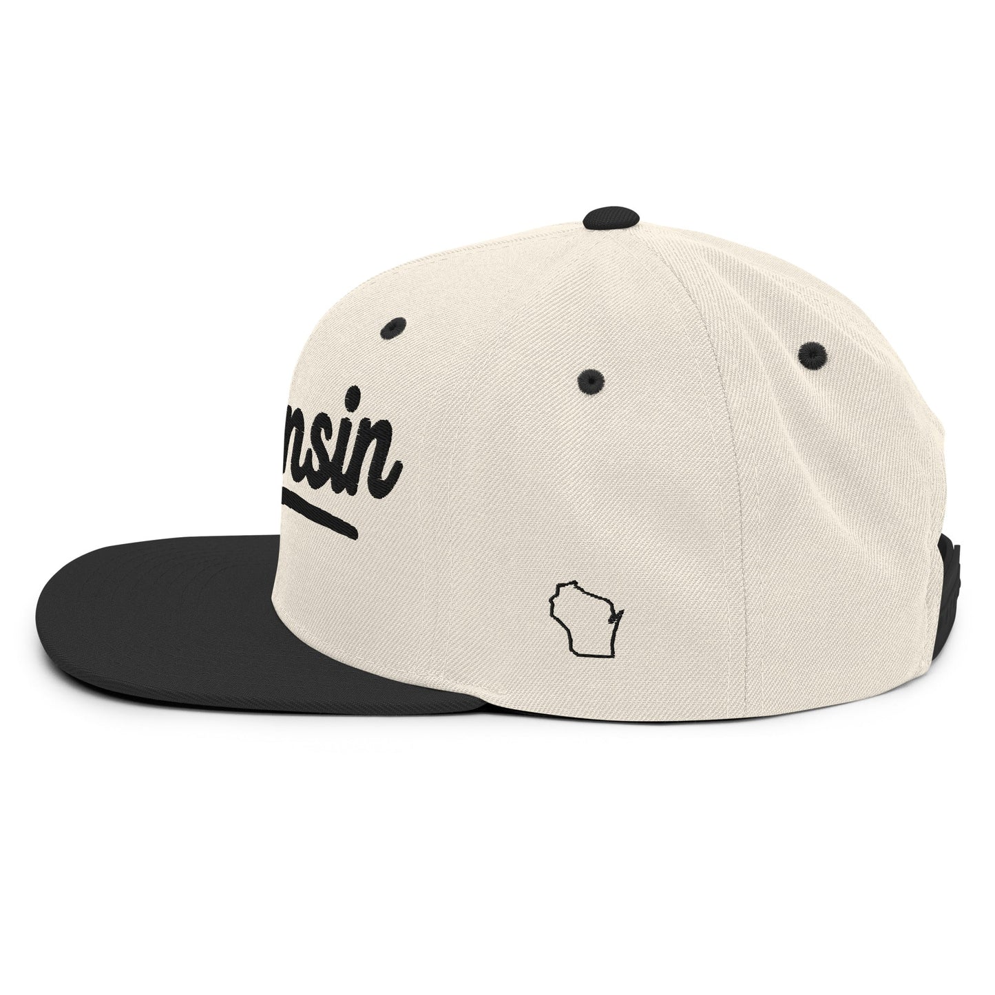 Beige and black cap with 'Wisconsin' text on a white background
