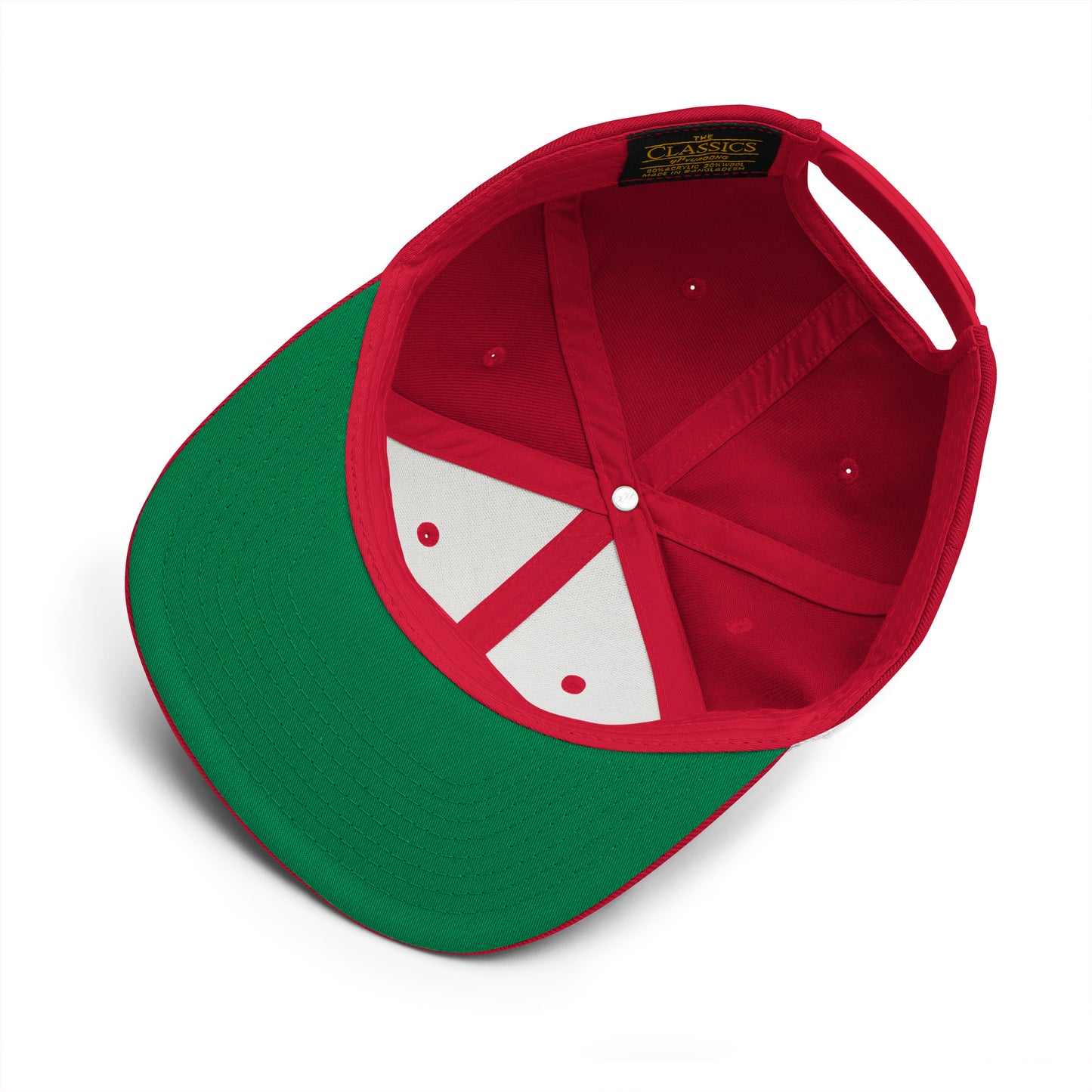 Green and red cap with white interior on a white background