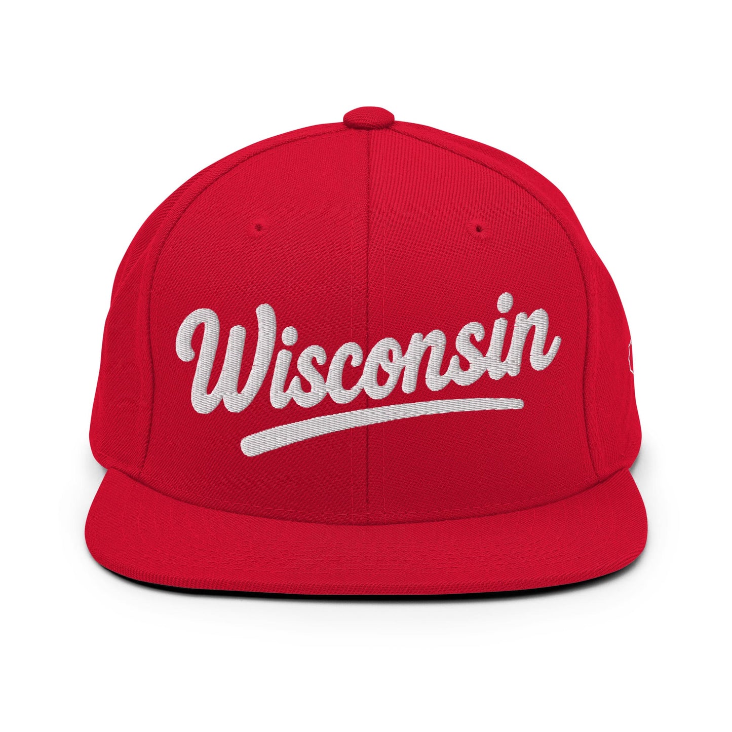 Red cap with 'Wisconsin' printed in white on a white background