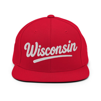 Red cap with 'Wisconsin' printed in white on a white background