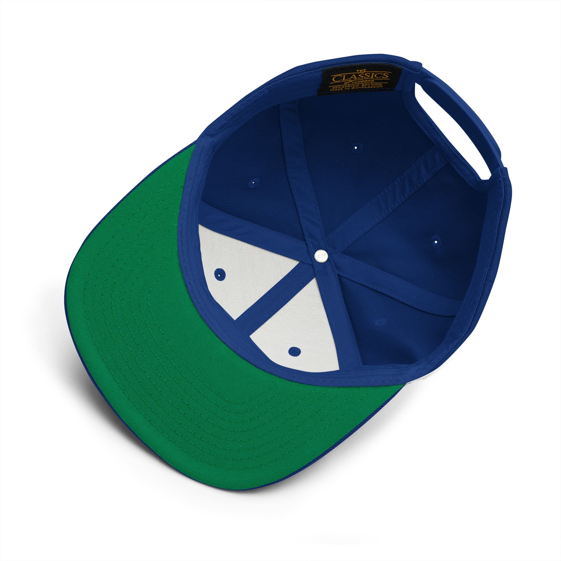 Green and blue cap with white interior on a white background