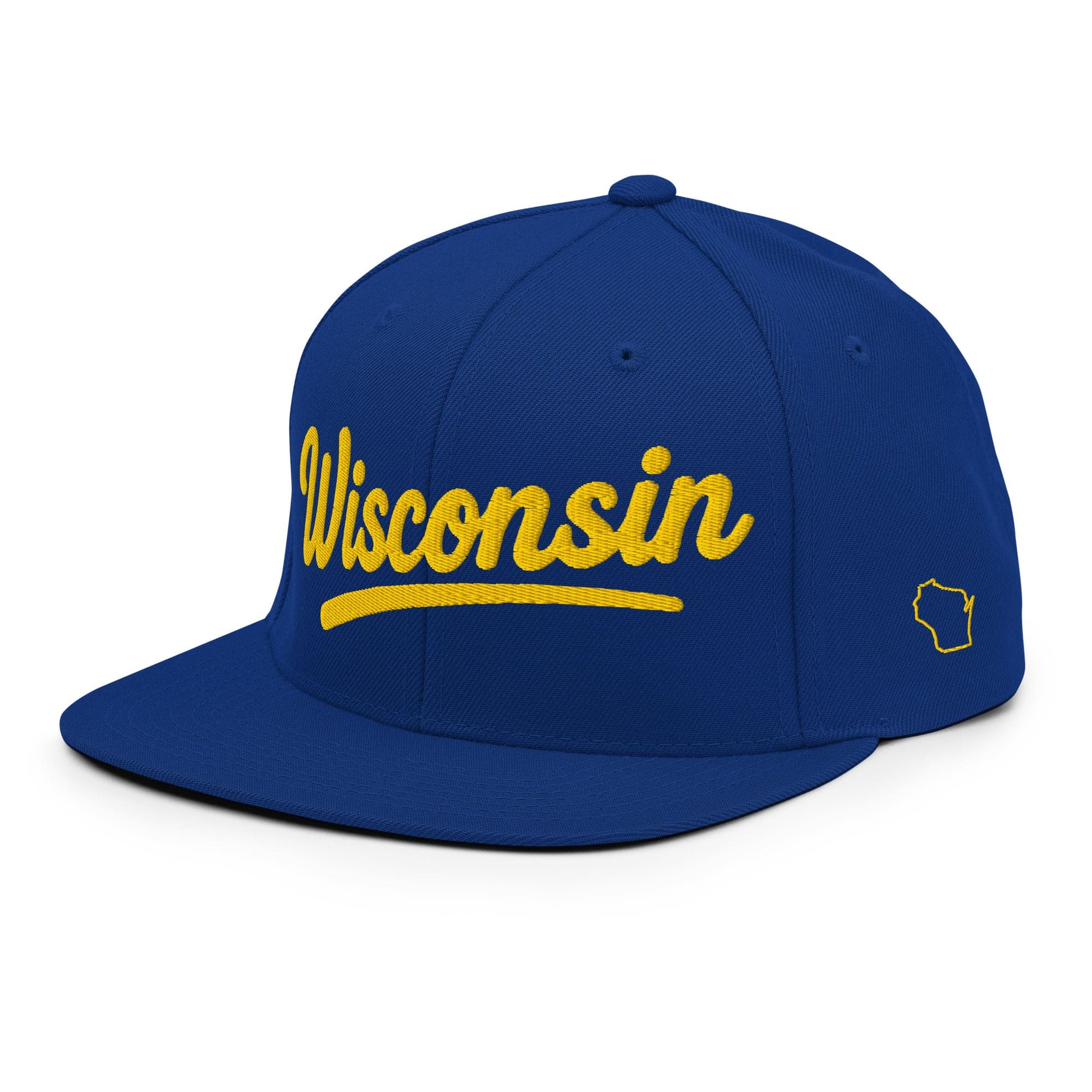 Blue cap with 'Wisconsin' in yellow on a white background