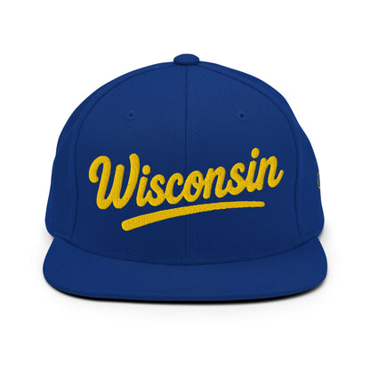 Blue cap with 'Wisconsin' in yellow on a white background
