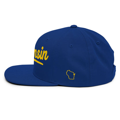 Blue cap with yellow 'Wisconsin' text on a white background