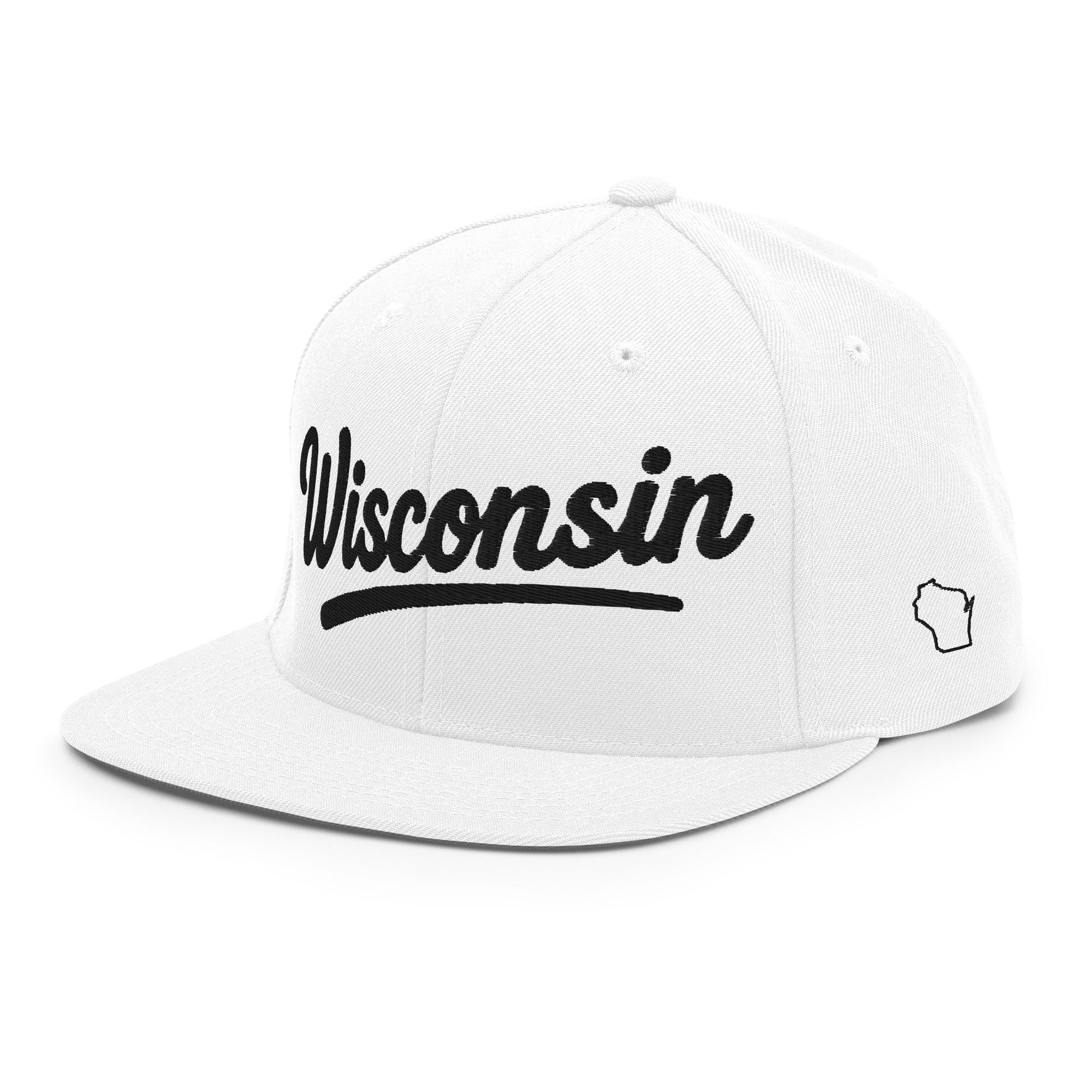White cap with 'Wisconsin' text on a white background