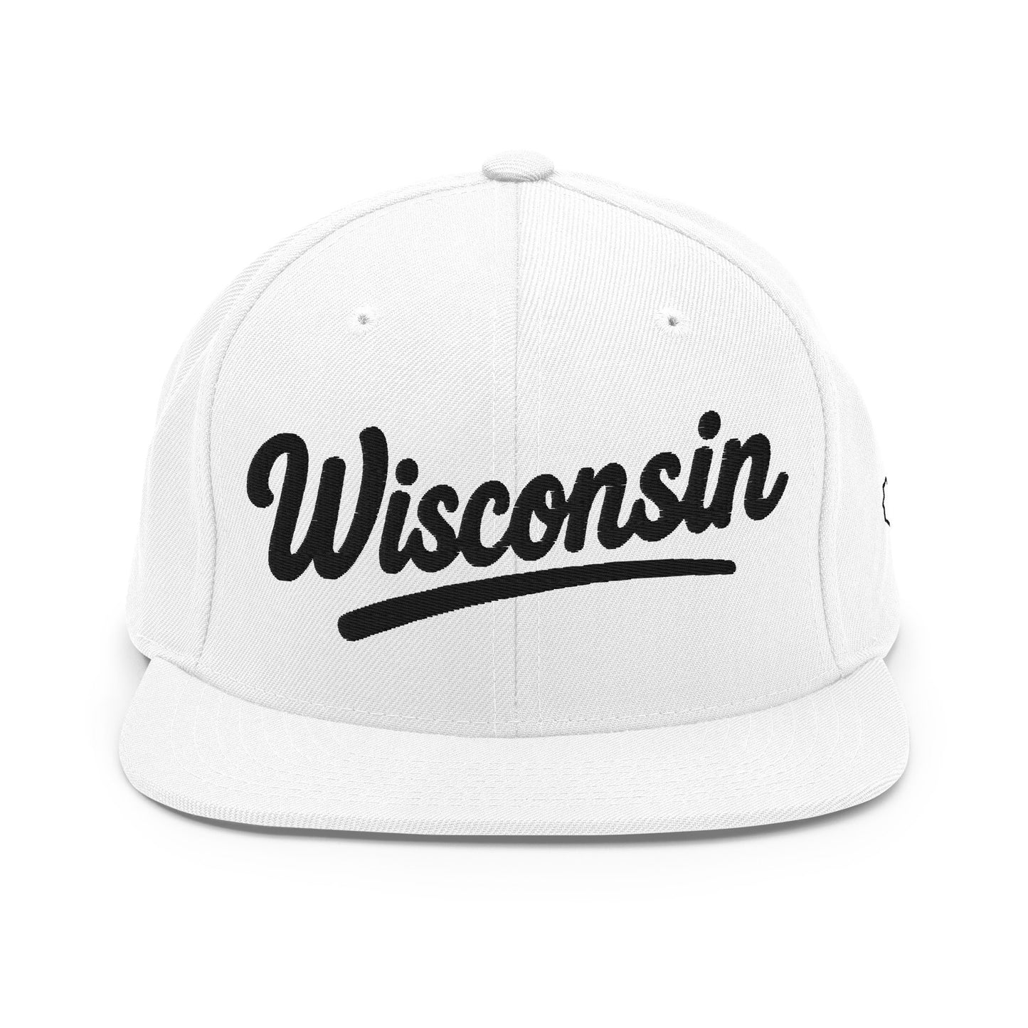 White cap with 'Wisconsin' printed on it against a white background