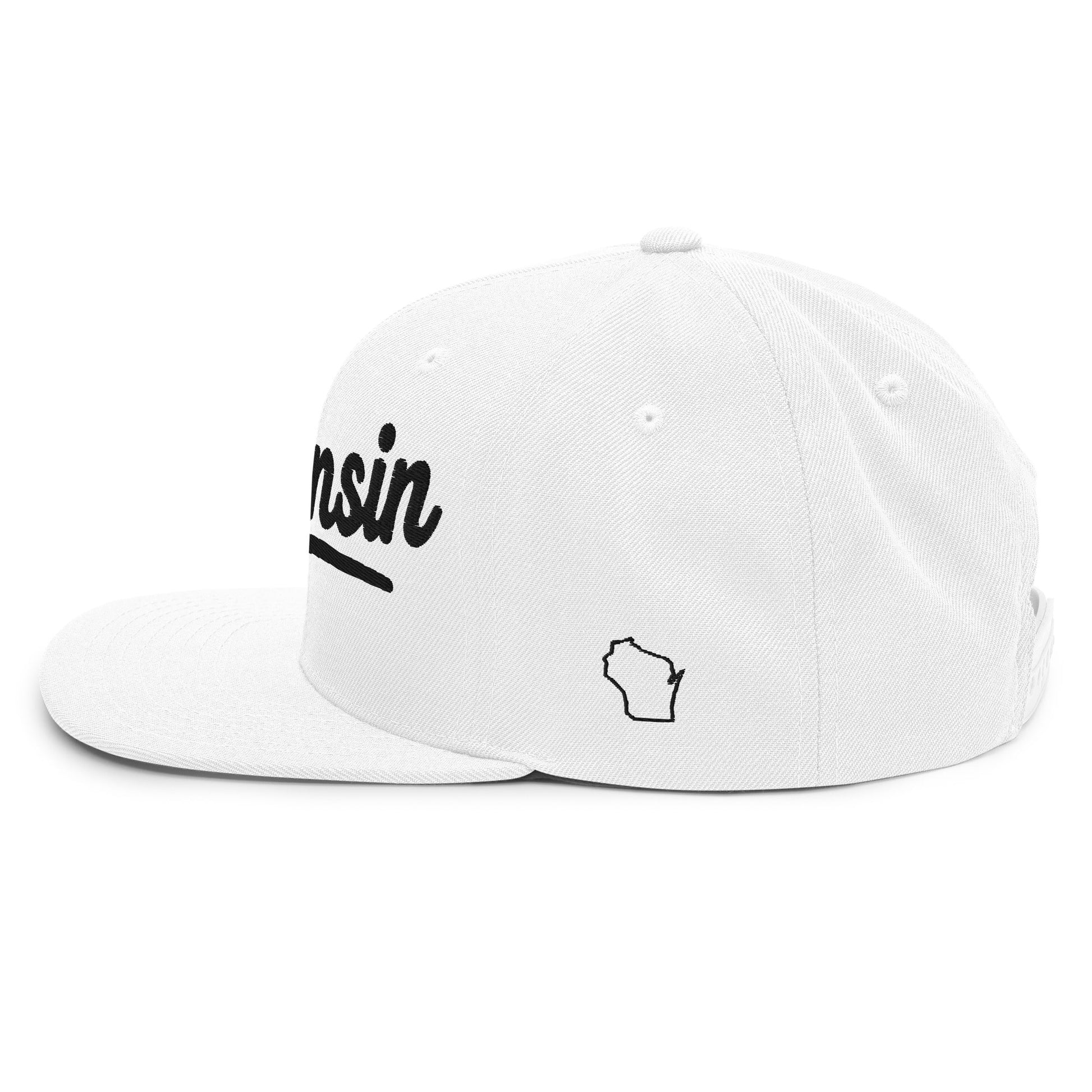 White cap with 'Wisconsin' text on a white background