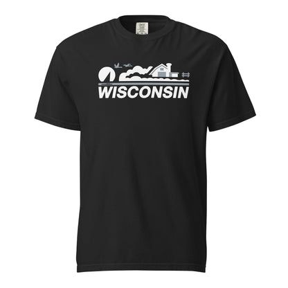 Black t-shirt with 'Wisconsin' graphic on a white background