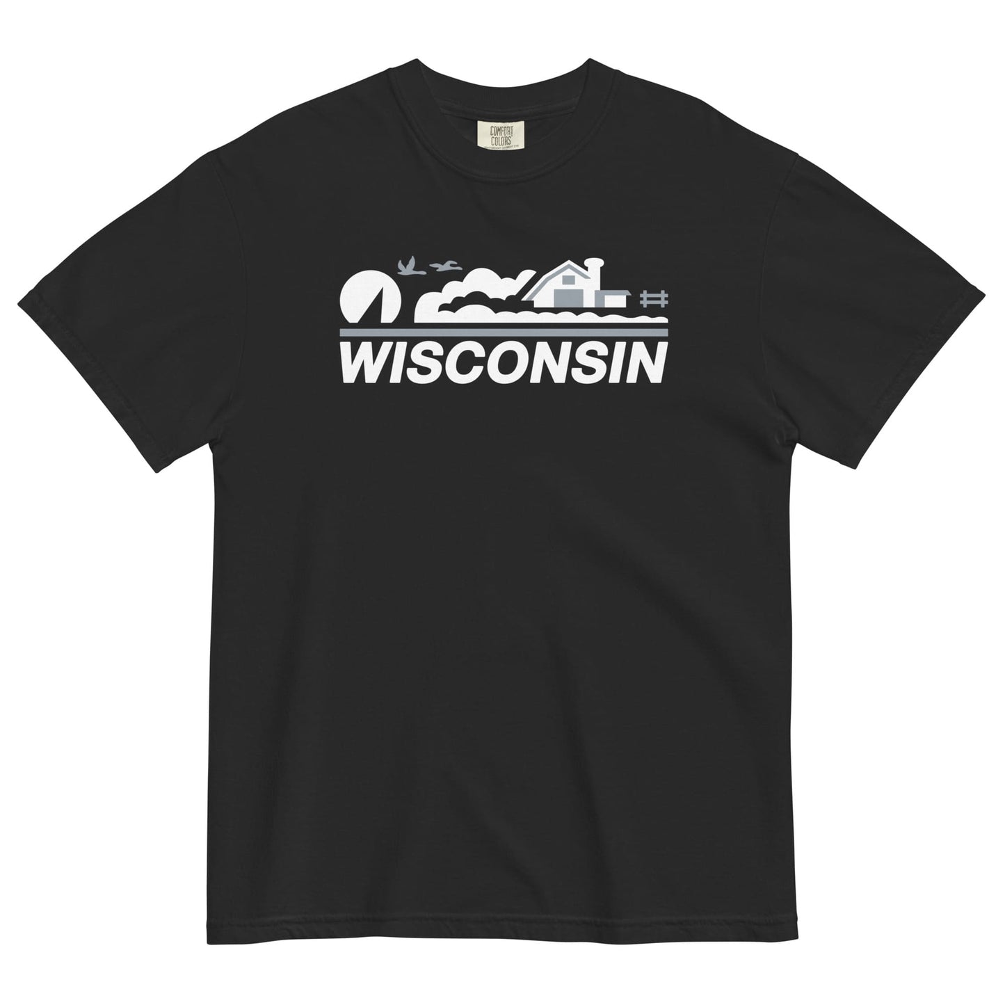 Black t-shirt with 'Wisconsin' graphic on a white background