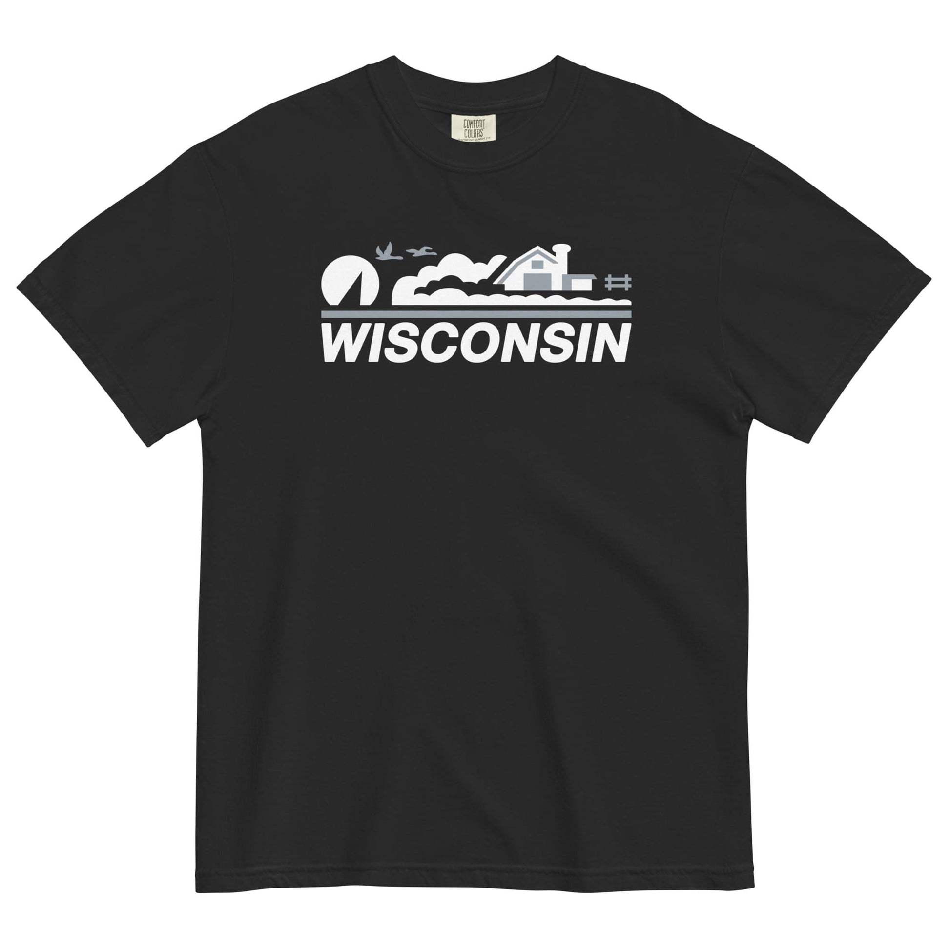 Black t-shirt with 'Wisconsin' graphic on a white background