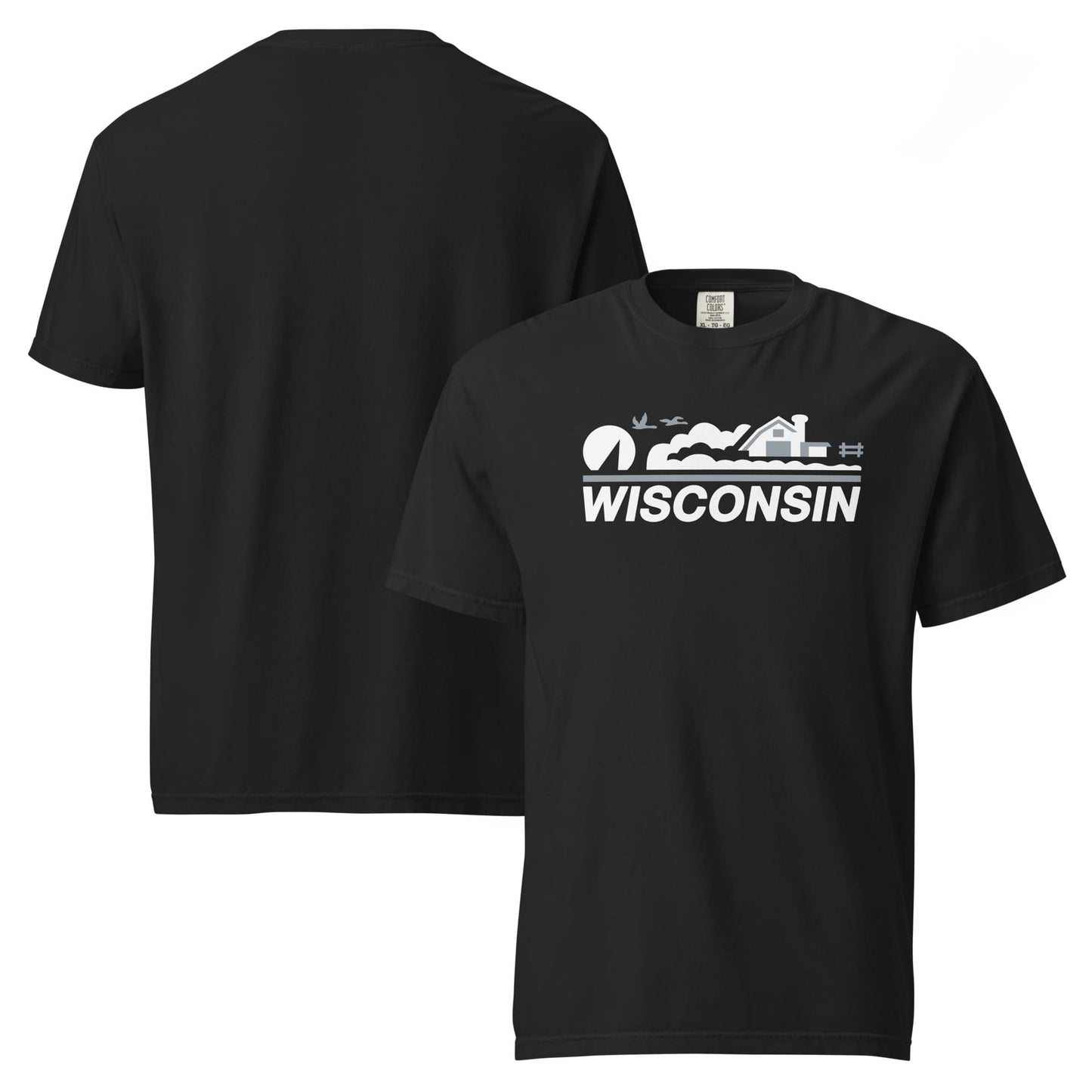 Black t-shirt with 'Wisconsin' graphic on a white background
