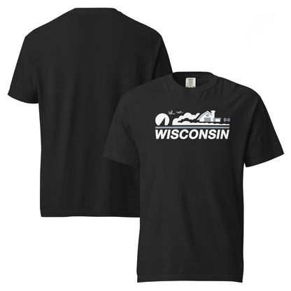 Black t-shirt with 'Wisconsin' graphic on a white background