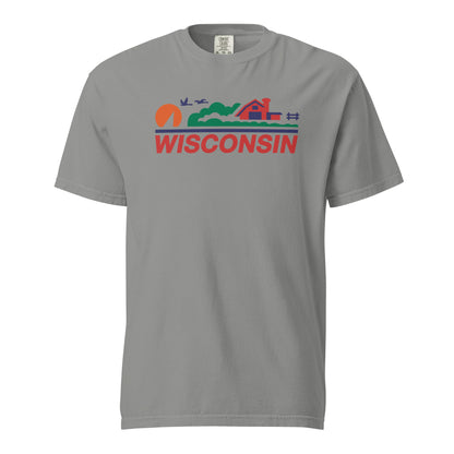 Gray t-shirt with 'Wisconsin' graphic design on a white background