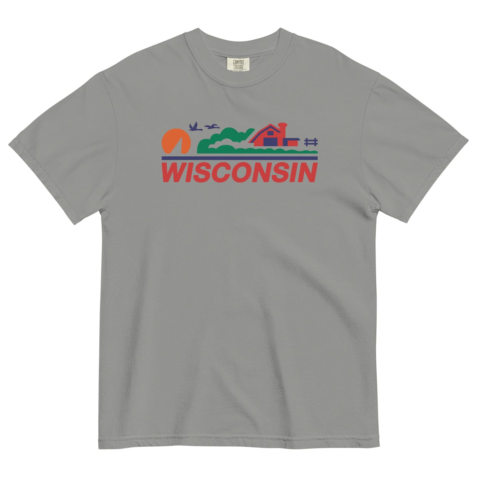 Gray t-shirt with 'Wisconsin' graphic design on a white background