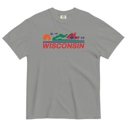Gray t-shirt with 'Wisconsin' graphic design on a white background