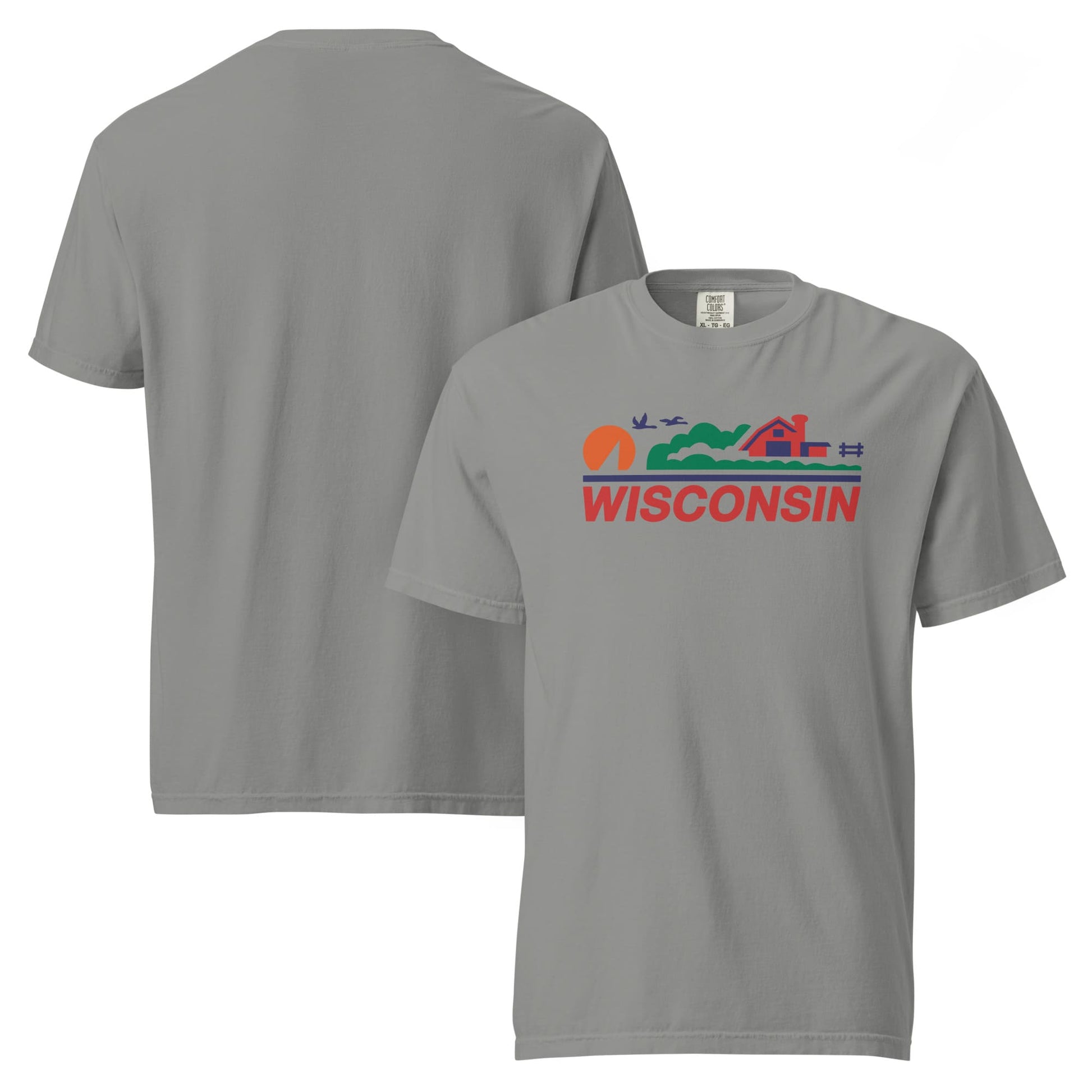 Gray t-shirt with 'Wisconsin' graphic on a white background