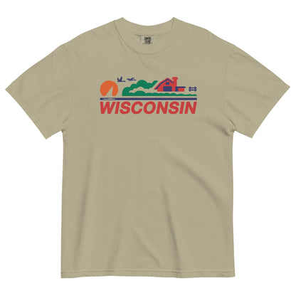 Beige t-shirt with 'Wisconsin' graphic design on a white background
