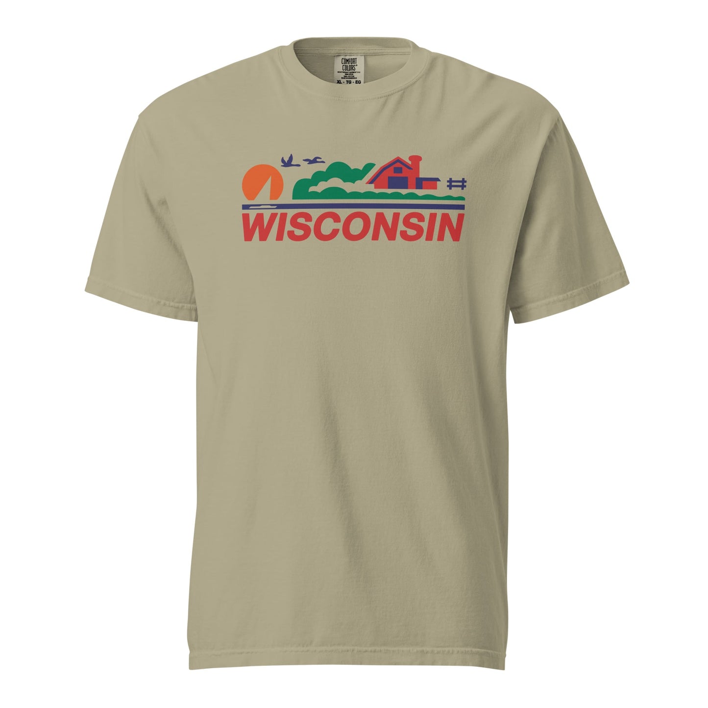 Beige t-shirt with 'Wisconsin' graphic design on a white background