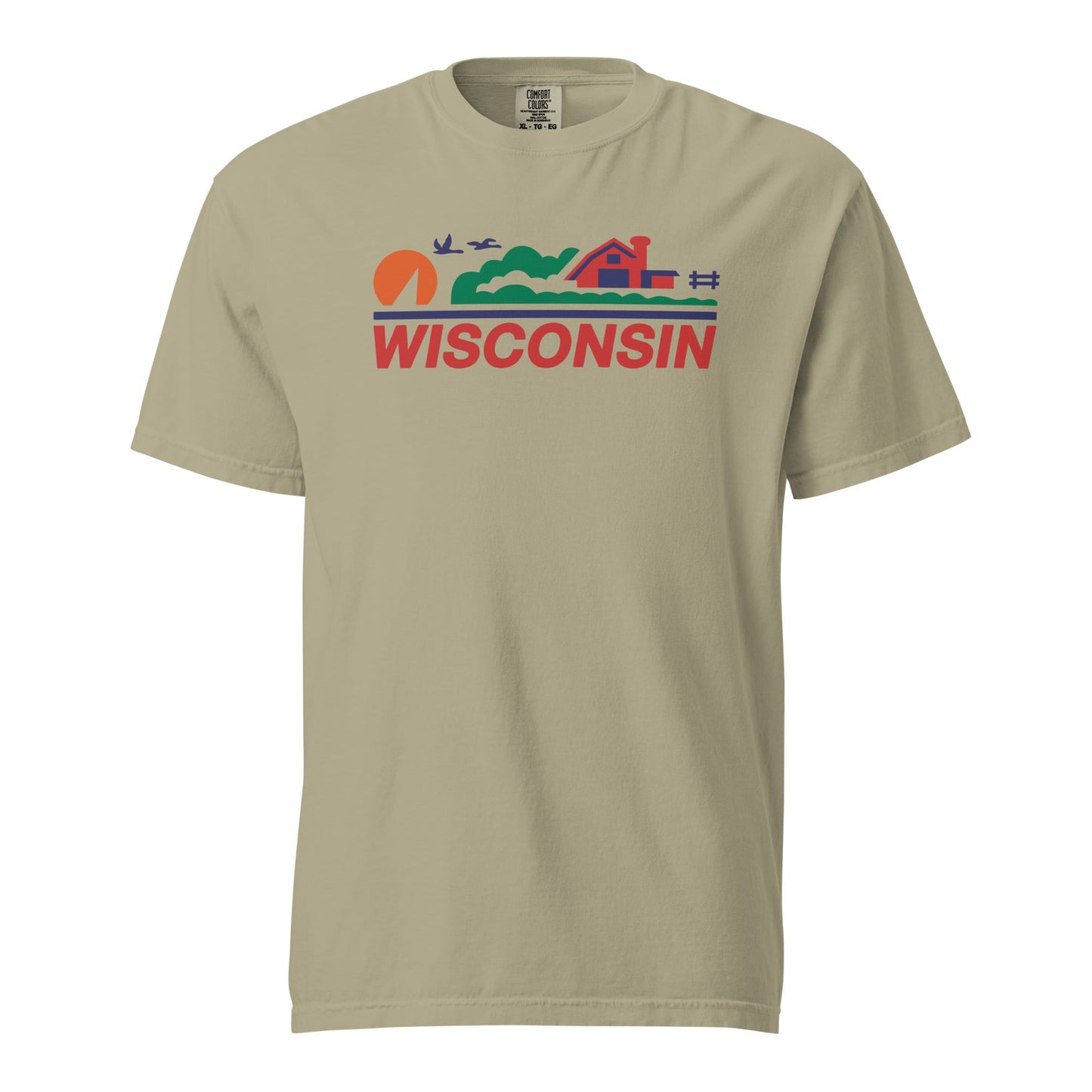 Beige t-shirt with 'Wisconsin' graphic design on a white background