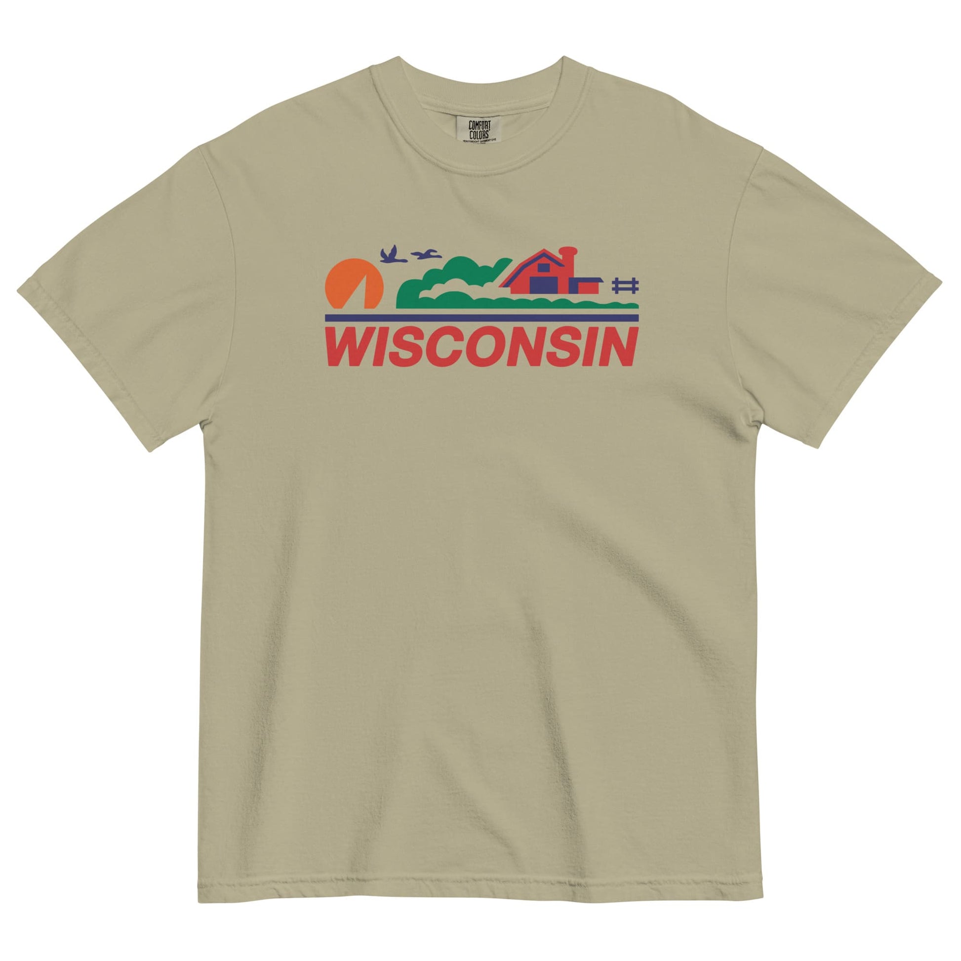 Beige t-shirt with 'Wisconsin' graphic design on a white background