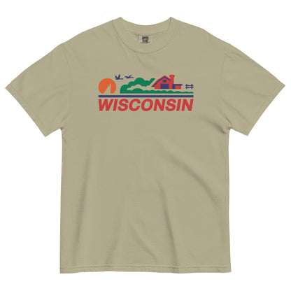 Beige t-shirt with 'Wisconsin' graphic design on a white background