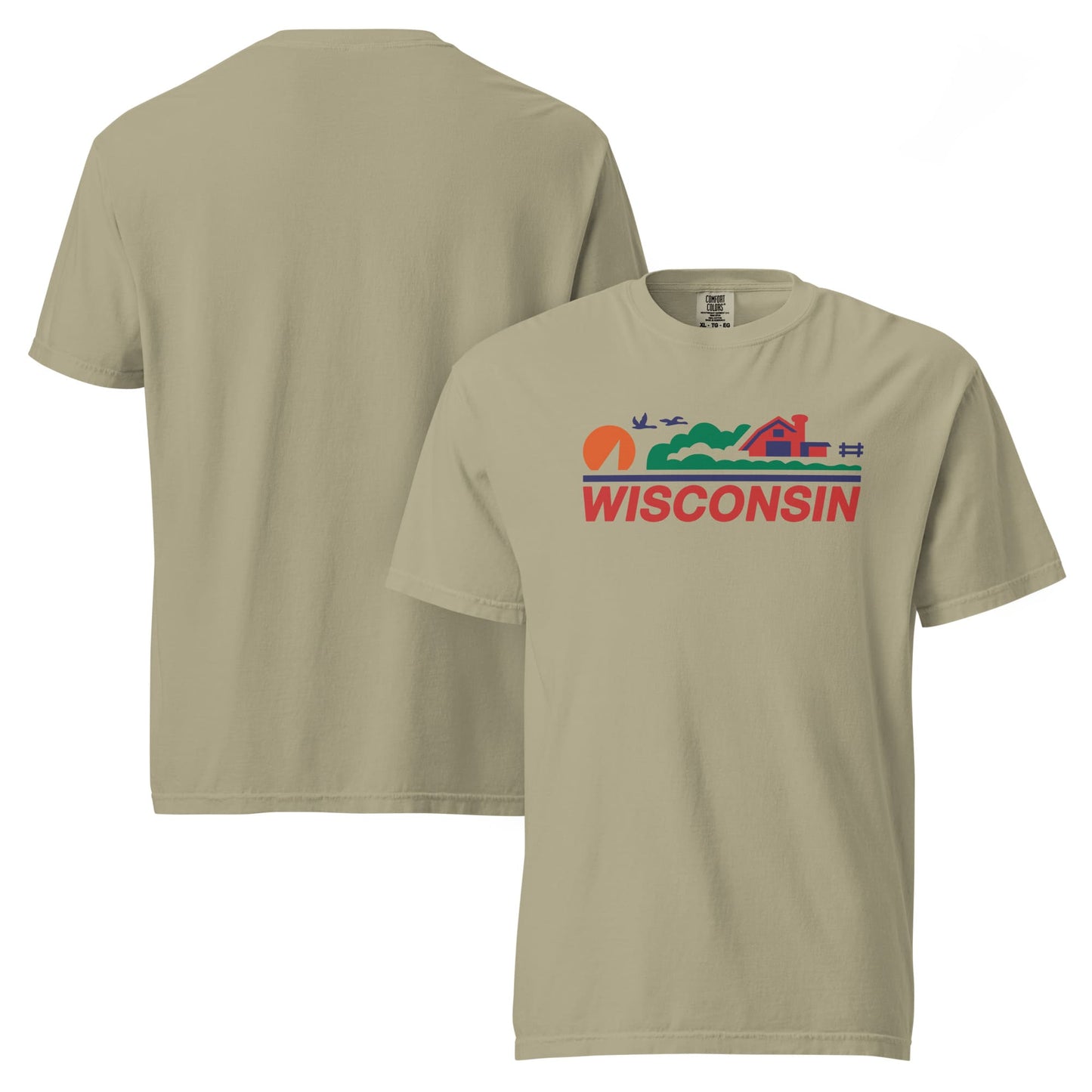 Beige t-shirt with 'Wisconsin' and landscape design on a white background