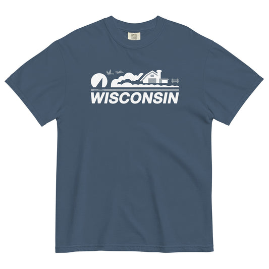 Navy blue t-shirt with 'Wisconsin' graphic on a white background
