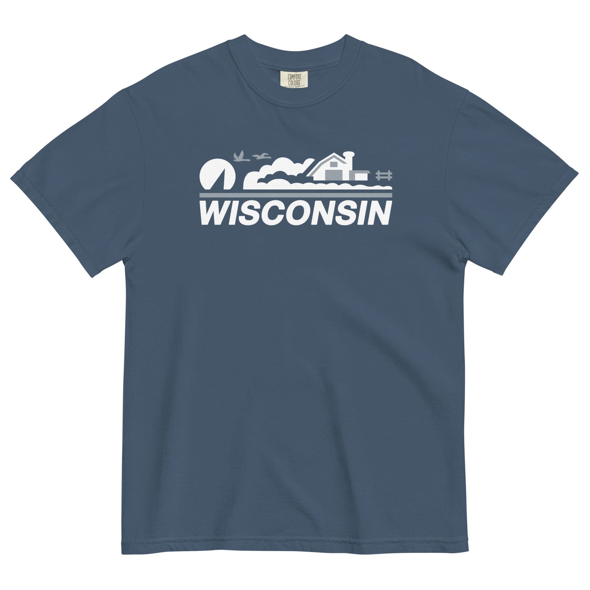 Blue t-shirt with 'Wisconsin' graphic on a white background