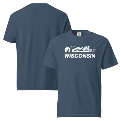 Navy blue t-shirt with 'Wisconsin' graphic on a white background