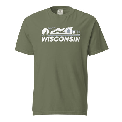Green t-shirt with 'Wisconsin' design on a white background